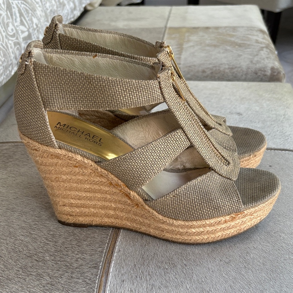 Michael Kors Beige Canvas Espadrille Wedge Sandals with Front Zip
